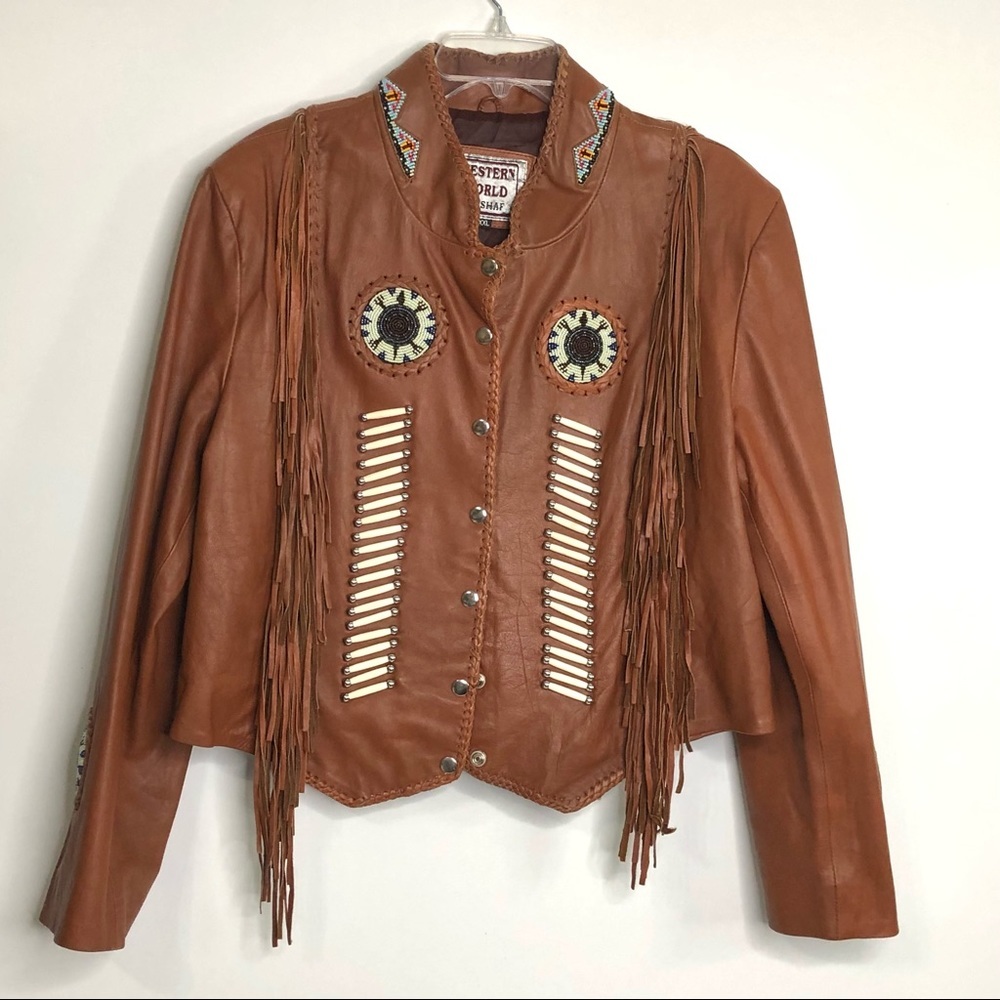 WESTERN WORLD BROWN FRINGE LEATHER WITH BEADED ACCENTS MOTORCYCLE JACKET